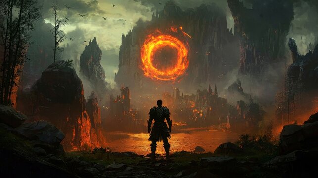 A dramatic game art piece capturing a crucial moment in an adventurous journey.