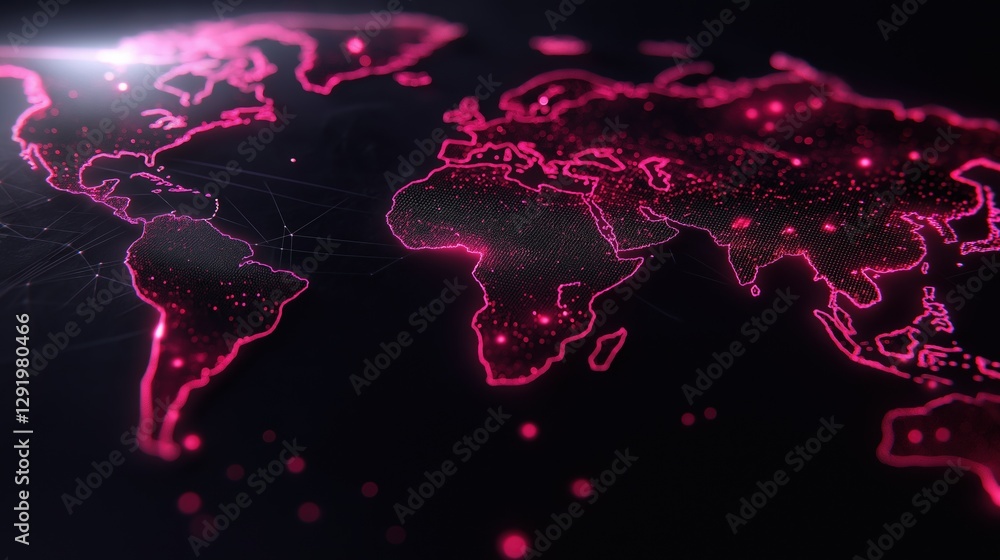 Aufkleber digital illustration of a world map in pink color. the map is made up of small dots and lines that f