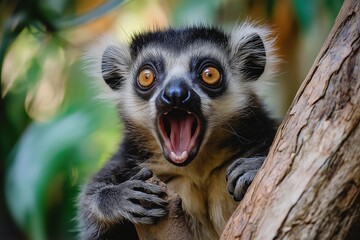 Fototapeta premium A lemur with striking eyes passionately expresses emotion, surrounded by vibrant tropical foliage.