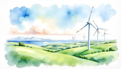 Obraz premium Watercolor depiction of beautiful landscape with a field of Wind turbines against sea background