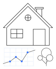 House outline with chimney, grid graph showing rising points, circular trees. Ideal for real estate, investment, growth, eco-living, sustainability, housing abstract line flat metaphor