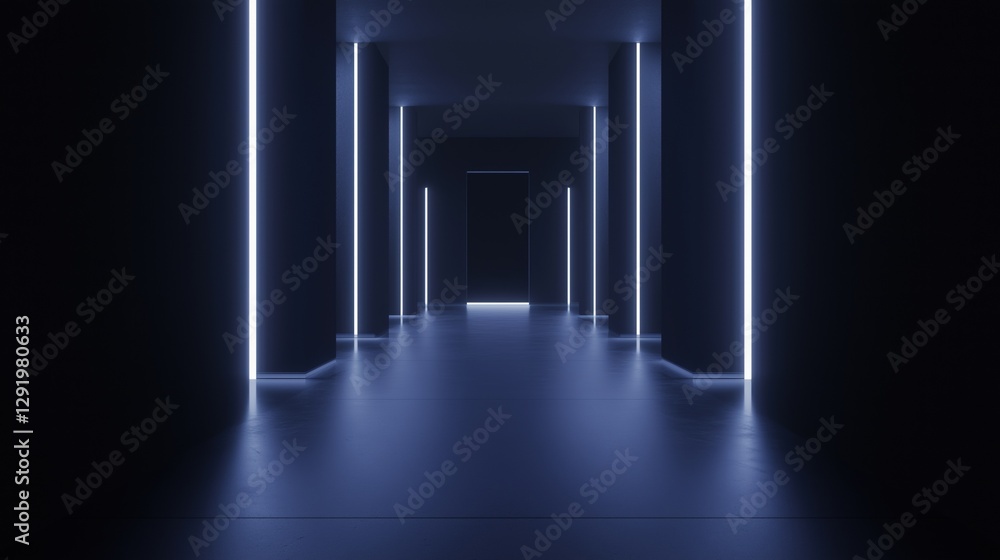 Poster long, empty corridor with a dark background. the corridor is made up of multiple columns that are li