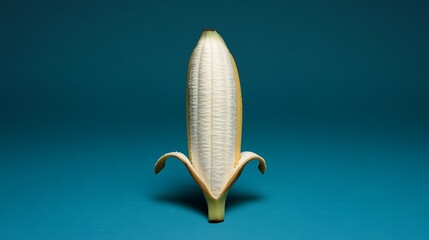 Peeled banana on teal background