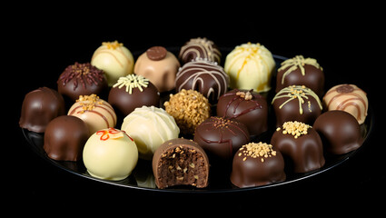 assorted gourmet chocolate truffles on a dark background.  A variety of flavors and decorations are visible, including dark, milk, and white chocolate truffles