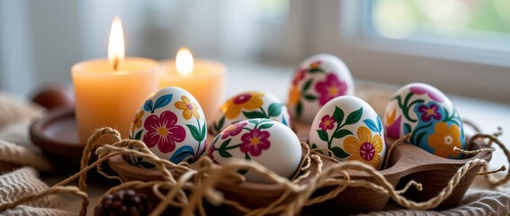Obraz premium Easter eggs in a nest with lit candles, flowers, and a blurred background, festive spring decoration, shallow depth of field.