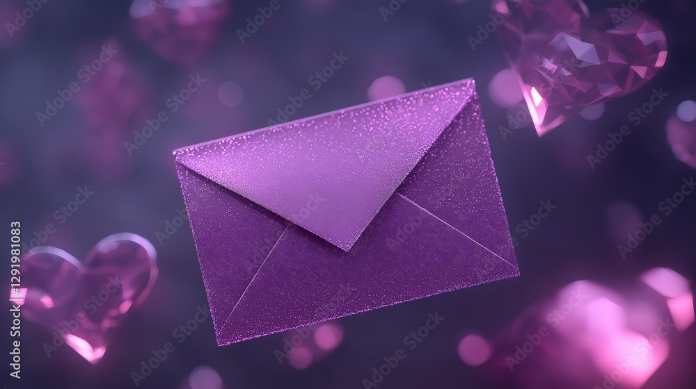 Poster digital illustration of a purple envelope floating in the air. the envelope is in the center of the 