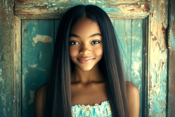 Fototapeta premium Long haircut - straight hair. Gorgeous smiling black girl - for ads, billboard and social apps use. Commercial digital ads concept art concept art. Stunning black woman. Glam black model.