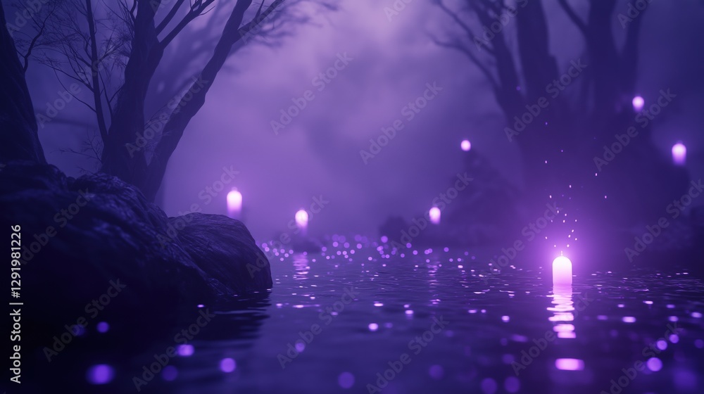 Poster digital illustration of a dark and eerie scene. the background is a foggy forest with bare trees on 