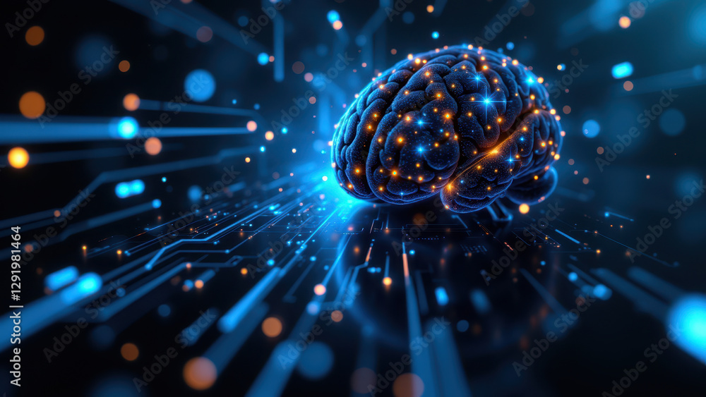 Poster the image features a vivid illustration of artificial general intelligence with a focus on human bra