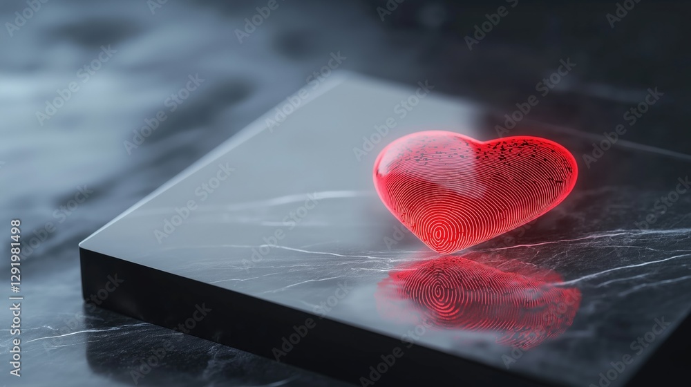 Aufkleber 3d rendering of a red heart-shaped object on a black marble surface. the heart is placed on top of a