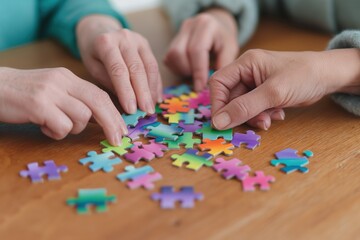 hands piecing together a vibrant jigsaw puzzle on a wooden table in a calm, cooperative setting with colorful fragments concept of teamwork, leisure, education