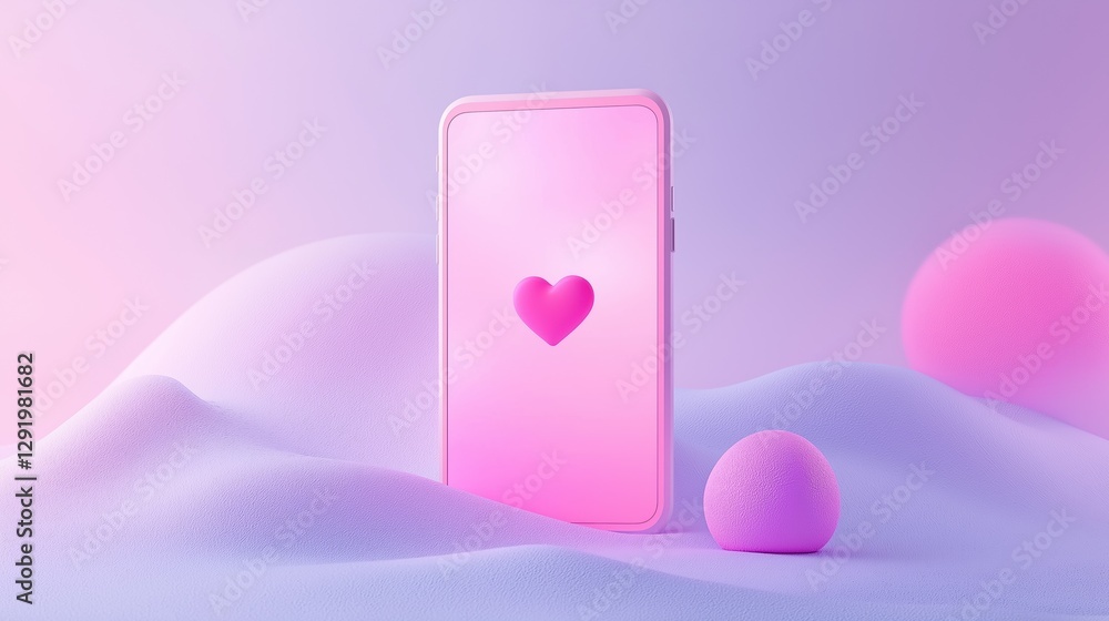 Poster 3d rendering of a pink smartphone with a heart symbol on the screen. the phone is placed on a light 