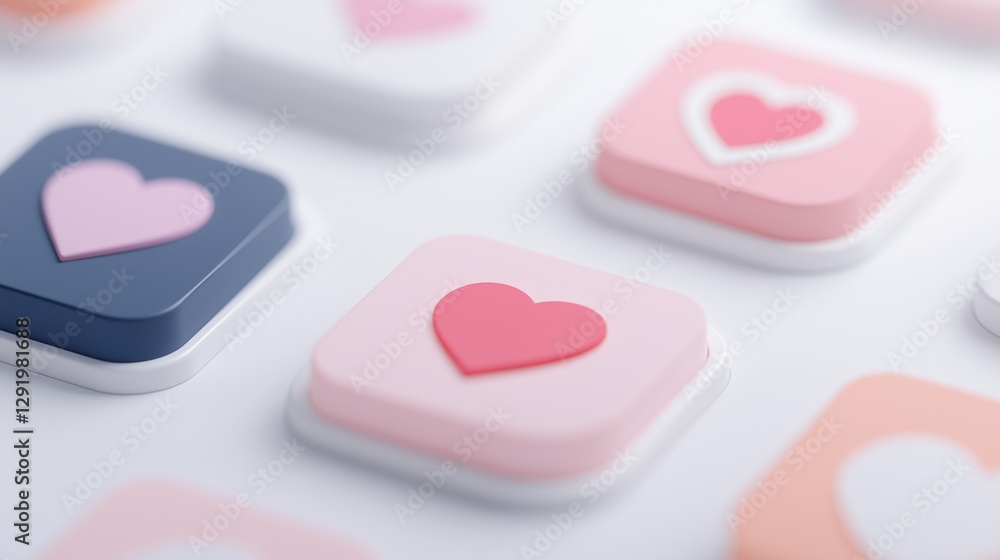 Poster group of small square-shaped buttons with a pink heart in the center. the buttons are arranged in a 