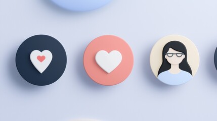 Obraz premium Three circular icons on a light blue background. the first icon on the left is a black circle with a white heart in the center. the second icon is a pink circle with two white hearts in the middle.