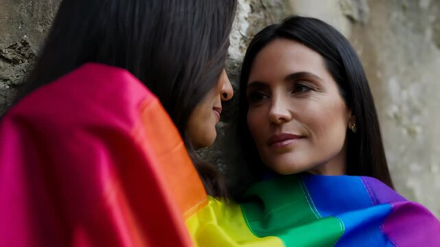 Affectionate lesbian partners nestling closely, wrapped in vibrant rainbow flag, embodying deep emotional connection, love, pride, and profound unity through intimate shared moment