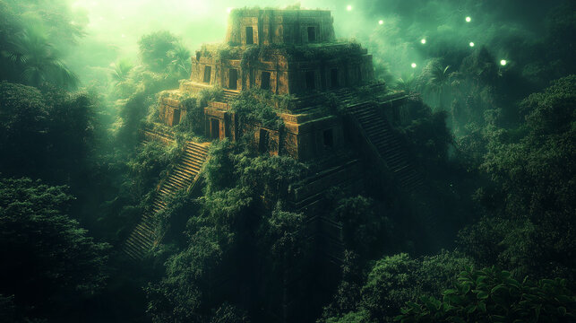 cient Jungle Pyramid with Mystical Glow in a Dense Forest