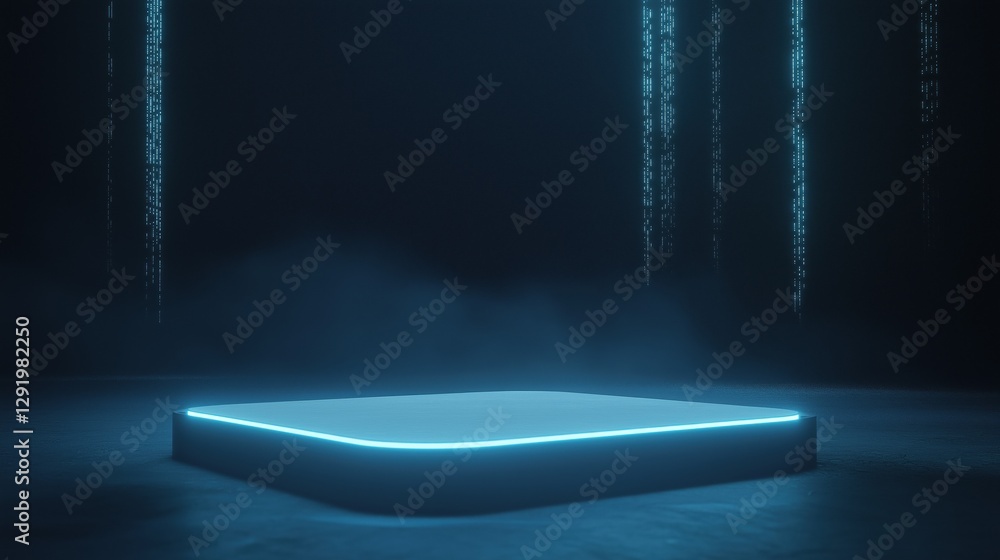 Poster rectangular platform in the middle of a dark room. the platform is lit up with a bright blue light, 