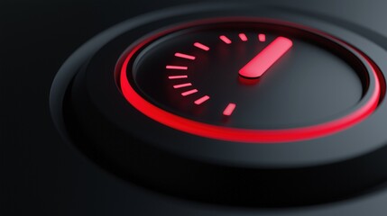 Close-up of a black circular button with a red speedometer in the center. the speedometer has a red needle pointing to the right, indicating that it is indicating the current speed.