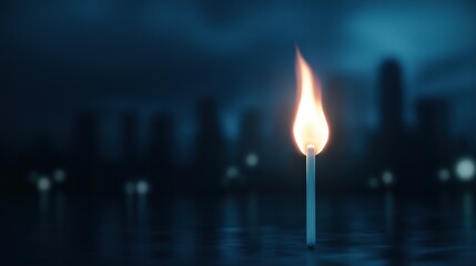 Fototapeta premium Close-up of a single matchstick with a flame burning brightly. the matchstick is in the center of the image, with the flame extending upwards towards the top right corner.