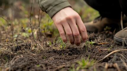 Person tending seedling in forest floor