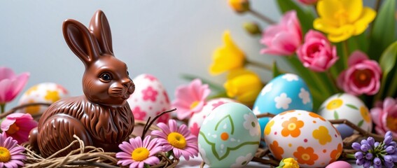Chocolate Easter Bunny with Decorated Eggs and Pink Tulips in Nest