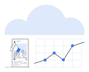Smartphone with a social media post and megaphone alongside a line graph under a cloud. Ideal for digital marketing, data analytics, growth strategies, social media trends, cloud technology, business