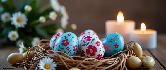 Fototapeta premium Hand-Painted Easter Eggs in Twine Nest with Lit Candles and Daisies