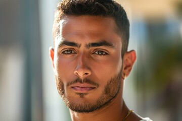 Fototapeta premium A young Middle-Eastern man with a chiseled jawline and deep-set eyes, showcasing confidence and charm in a sunlit urban setting.