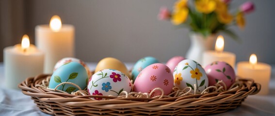 Fototapeta premium Hand-Painted Easter Eggs in Woven Basket with Lit Candles and Flowers