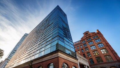 a photograph capturing the blend of classic and contemporary architecture within a city showcasing an old brick building juxtaposed against a modern high rise building with glass windows