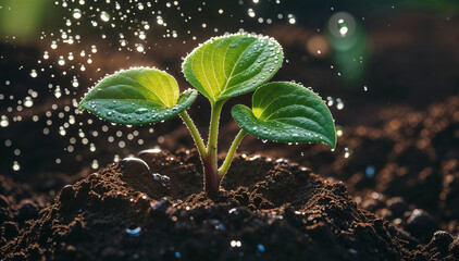 Junge Pflanze die gerade gegossen wird.