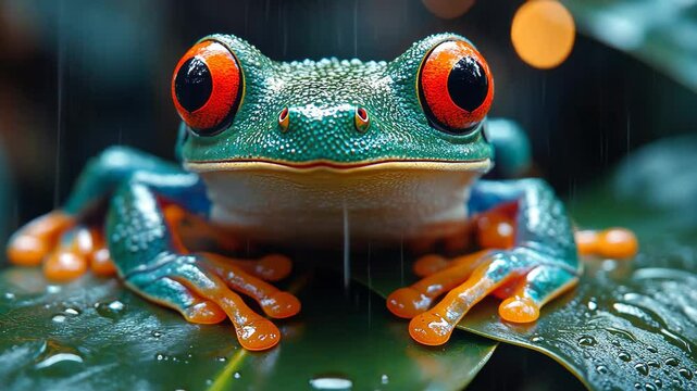 Colorful frog resting on a rain-soaked leaf in a vibrant, natural setting at dusk