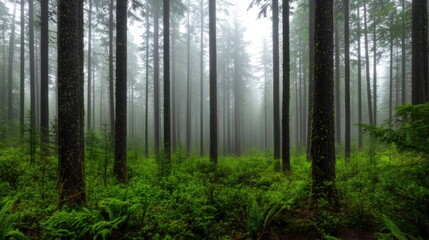 Obraz premium Misty forest landscape with ferns and tall trees.