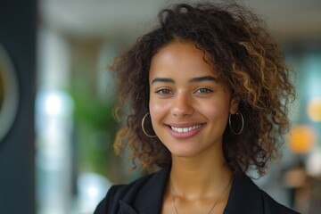 Fototapeta premium Smiling woman with curly hair and a warm demeanor, showcasing confidence in a modern office environment.