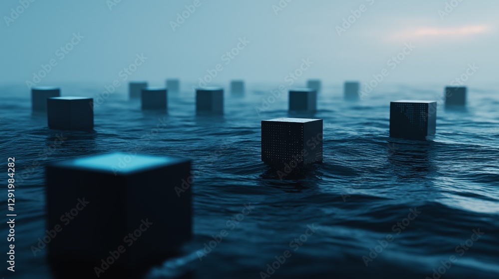 Poster group of small cubes floating on the surface of the water. the cubes are arranged in a grid-like pat