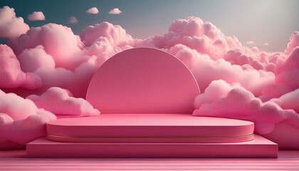 pink podium with pink clouds background