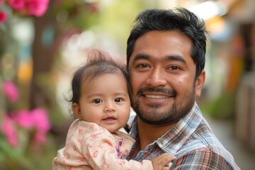 Fototapeta premium A joyful South Asian man smiles while holding his baby girl in a lush, flower-filled setting.