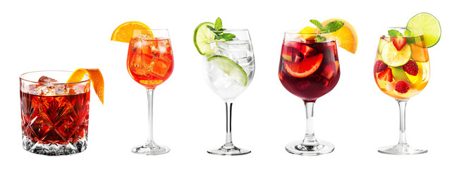 Negroni, Aperol Spritz, Gin Tonic, Red White Sangria cocktail transparent PNG set bundle, isolated background. Bar menu cocktails in old fashioned and wine glass, colorful refreshing drink garnish