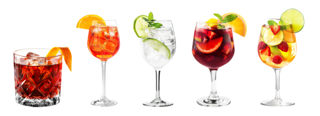 Negroni, Aperol Spritz, Gin Tonic, Red White Sangria cocktail transparent PNG set bundle, isolated background. Bar menu cocktails in old fashioned and wine glass, colorful refreshing drink garnish