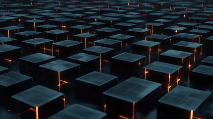 Fototapeta premium Large number of black cubes arranged in a grid-like pattern. the cubes are all the same size and shape, and they are all facing the same direction.