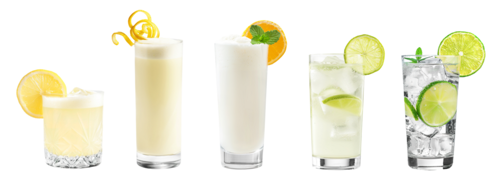 Gin Fizz, Ramos Gin Fizz, Gin Rickey, Gin And Tonic cocktail transparent PNG set bundle, isolated background. Various bar menu cocktails colorful refreshing drinks with garnish
