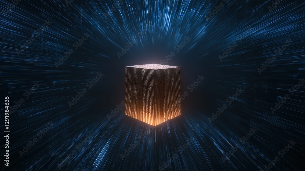 Poster 3d rendering of a cube in the center of a dark blue background.