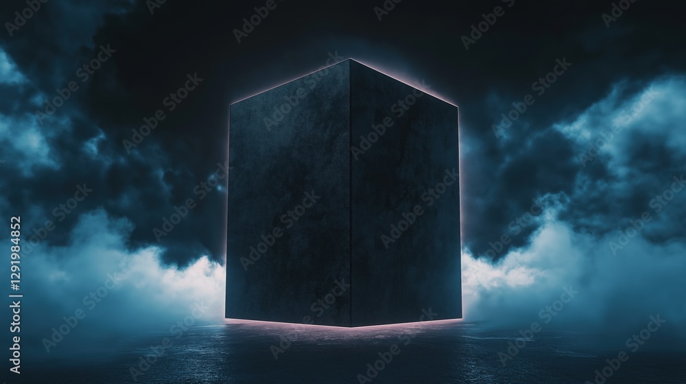 Poster 3d rendering of a dark and ominous scene. in the center of the image, there is a large, square-shape