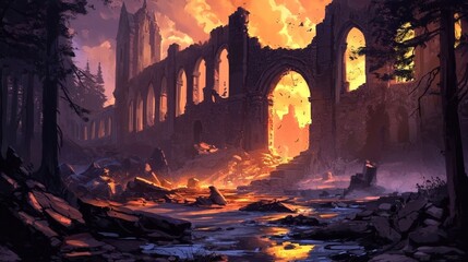 Explore the enchanting world of fantasy ruins in this stunning artwork.