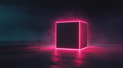 3d rendering of a cube-shaped object in the middle of a dark and foggy landscape. the cube is lit up with a bright pink neon light, creating a striking contrast against the dark background.