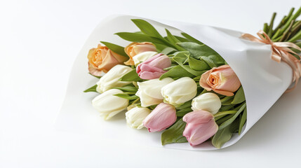 Fresh tulip and rose bouquet wrapped in white paper, perfect for gifting