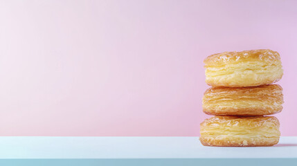 Flaky pastry stacked on pastel background, perfect for dessert lovers