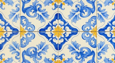 Decorative Portuguese Tiles Floral Pattern Blue Yellow  Architectural Detail
