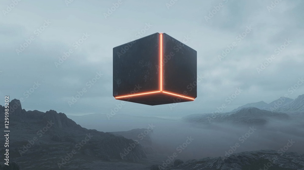 Poster 3d rendering of a cube floating above a mountainous landscape. the cube is black in color and has a 