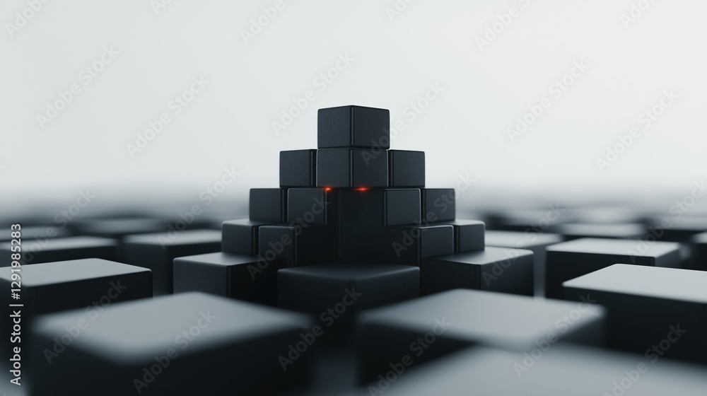 Poster 3d rendering of a pyramid made up of small black cubes.
